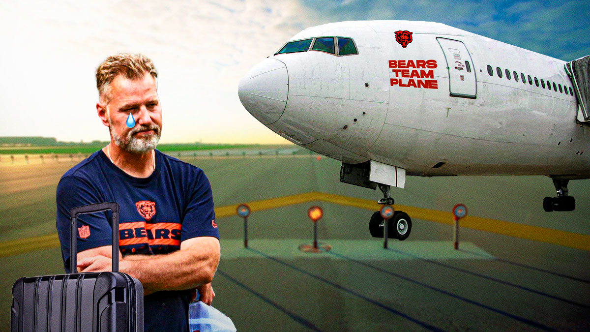 bears coach matt eberflus staring at team plane