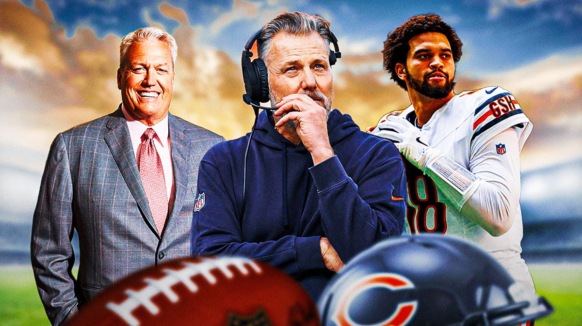 Rex Ryan with Chicago Bears coach Matt Eberflus and Caleb Williams in a Chicago Bears uniform as Ryan thinks the Bears losing to the Packers is a good thing despite calls for Matt Eberflus to be fired.