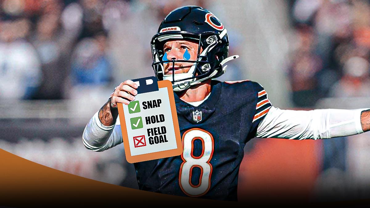 Chicago Bears kicker Cairo Santos has tears run down face with Soldier Field background holding check list that says: Snap: ✅ Hold: ✅ Field goal: ❌