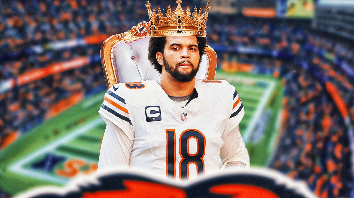 Chicago Bears QB Caleb Williams sitting in a royal throne and wearing a king's crown inside Soldier Field (Chicago Bears stadium) in front of a bunch of Chicago Bears fans.