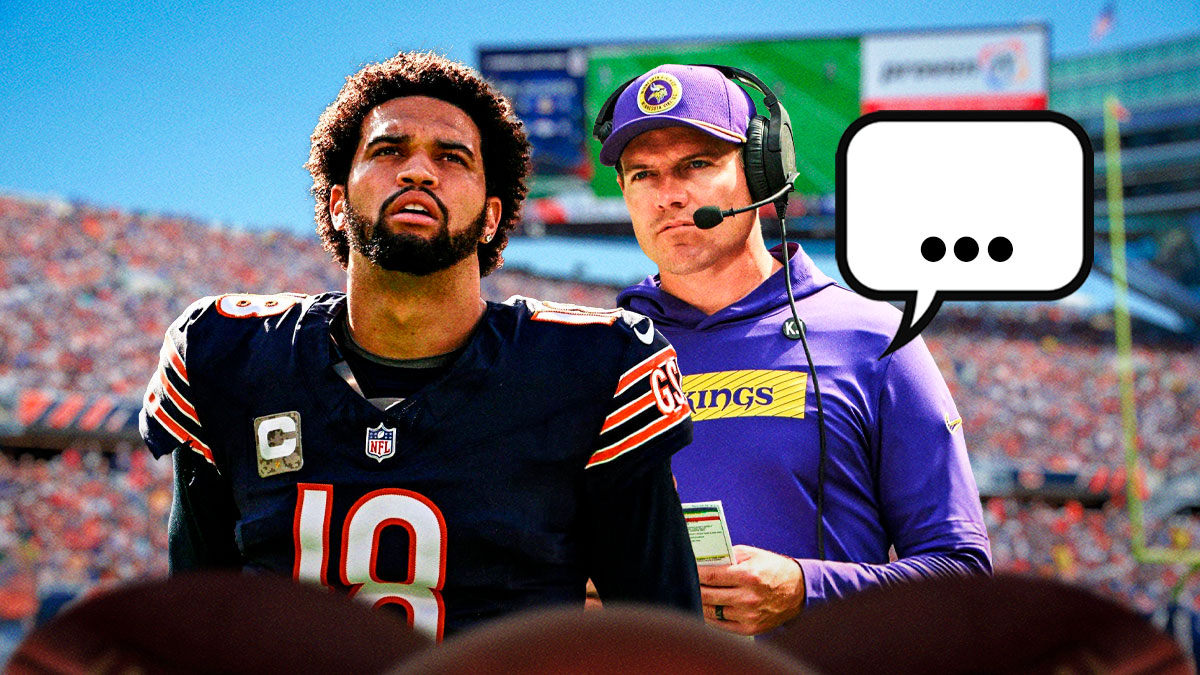Minnesota Vikings head coach Kevin O'Connell with a speech bubble that has the three dots emoji inside. He is next to Chicago Bears QB Caleb Williams. There is also a logo for the Chicago Bears.