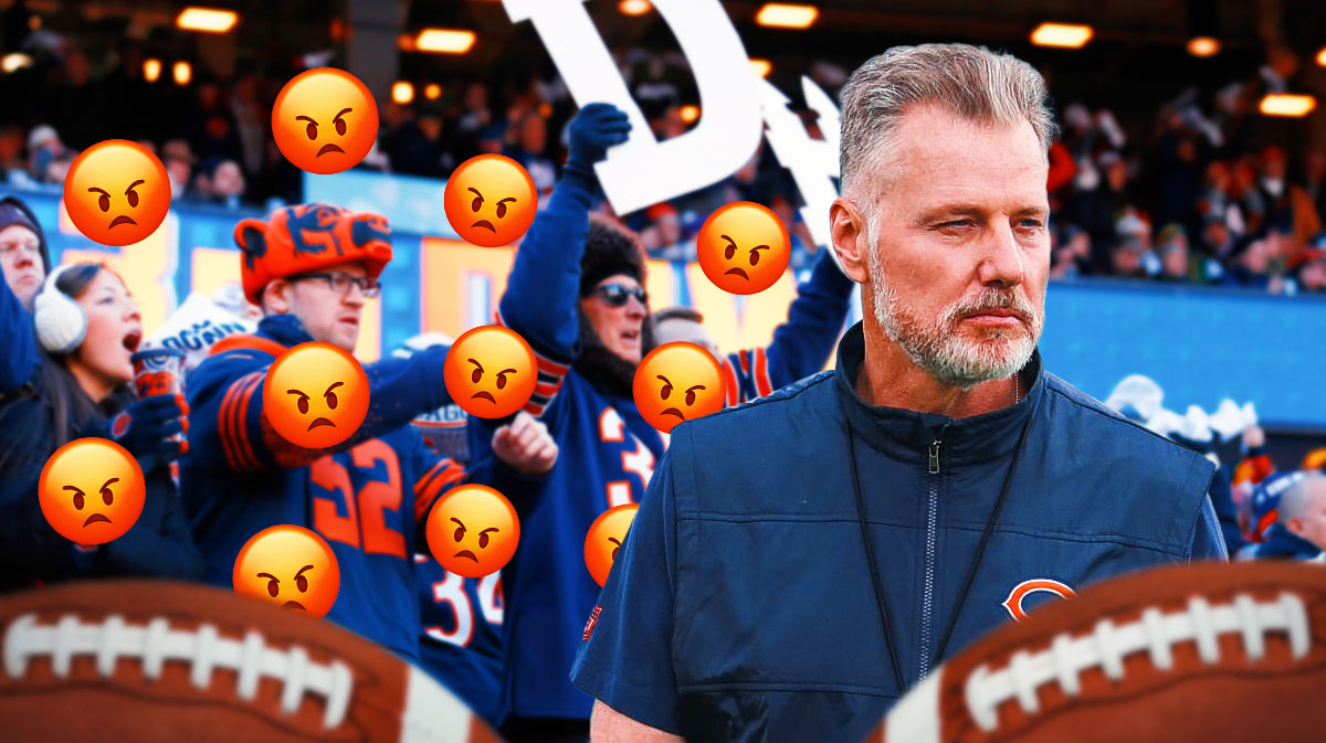 Matt Eberflus on one side, a bunch of Chicago Bears fans on the other side with angry emojis around them