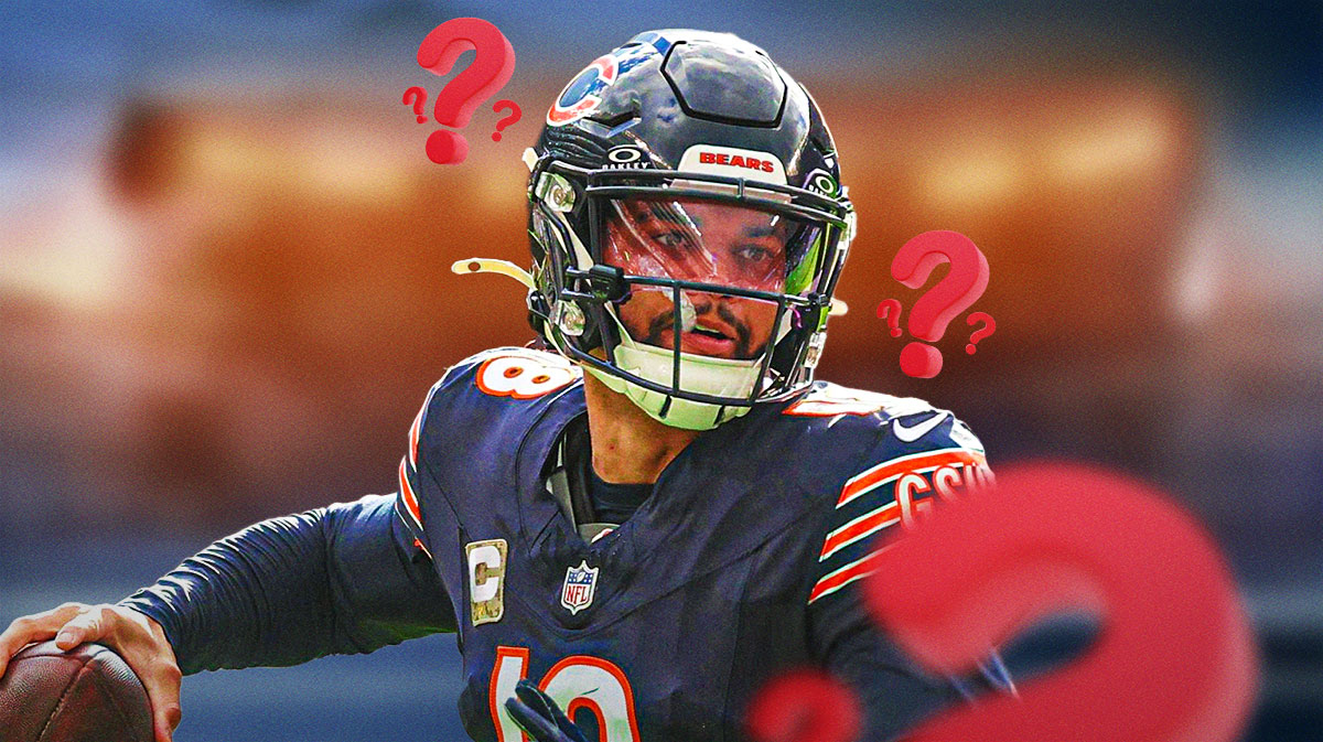 Caleb Williams surrounded by question marks