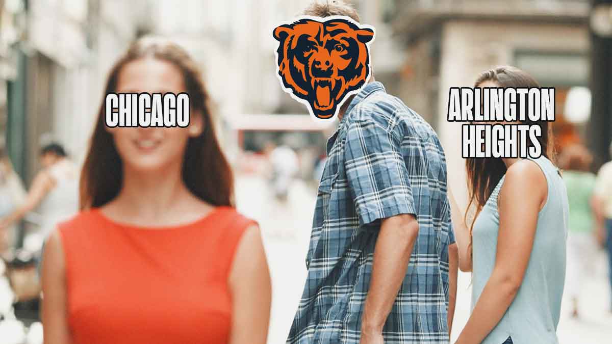 Popular meme of guy looking at other girl while with girl. The guy has a Chicago Bears logo over his face, with the words "ARLINGTON HEIGHTS" on the girl on the right, and the word "CHICAGO" on girl on left.
