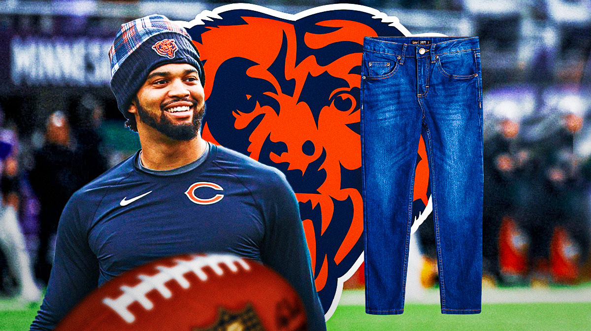 Bears Caleb Williams next to a pair of jeans with the Chicago Bears logo