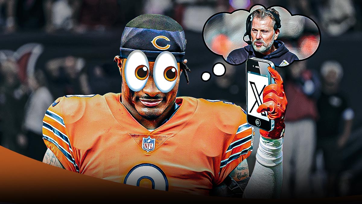Chicago Bears' Jaquan Brisker with 👀 emoji over eyes holding an iphone with X logo. Above Brisker's head, have a thought bubble with former Chicago Bears head coach Matt Eberflus inside.