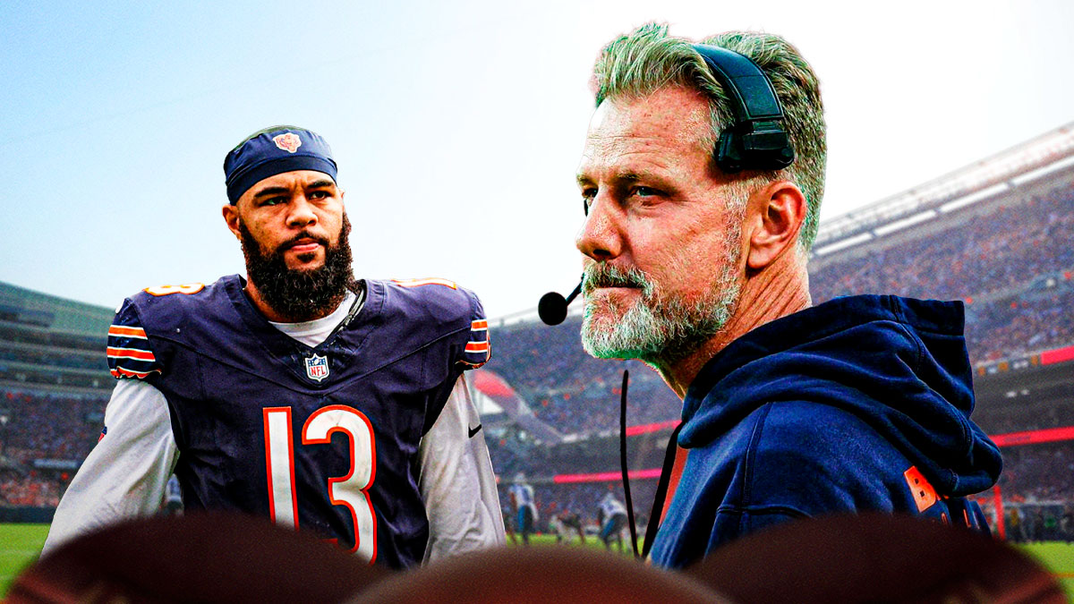 Chicago Bears wide receiver Keenan Allen staring down head coach Matt Eberflus