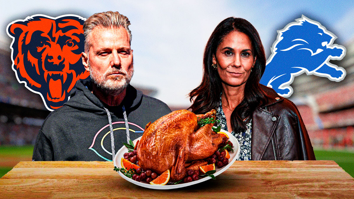 Bears head coach Matt Eberflus next to CBS Sports' NFL sideline reporter Tracy Wolfson with the Bears and Lions logo next to them and a Thanksgiving turkey in the background