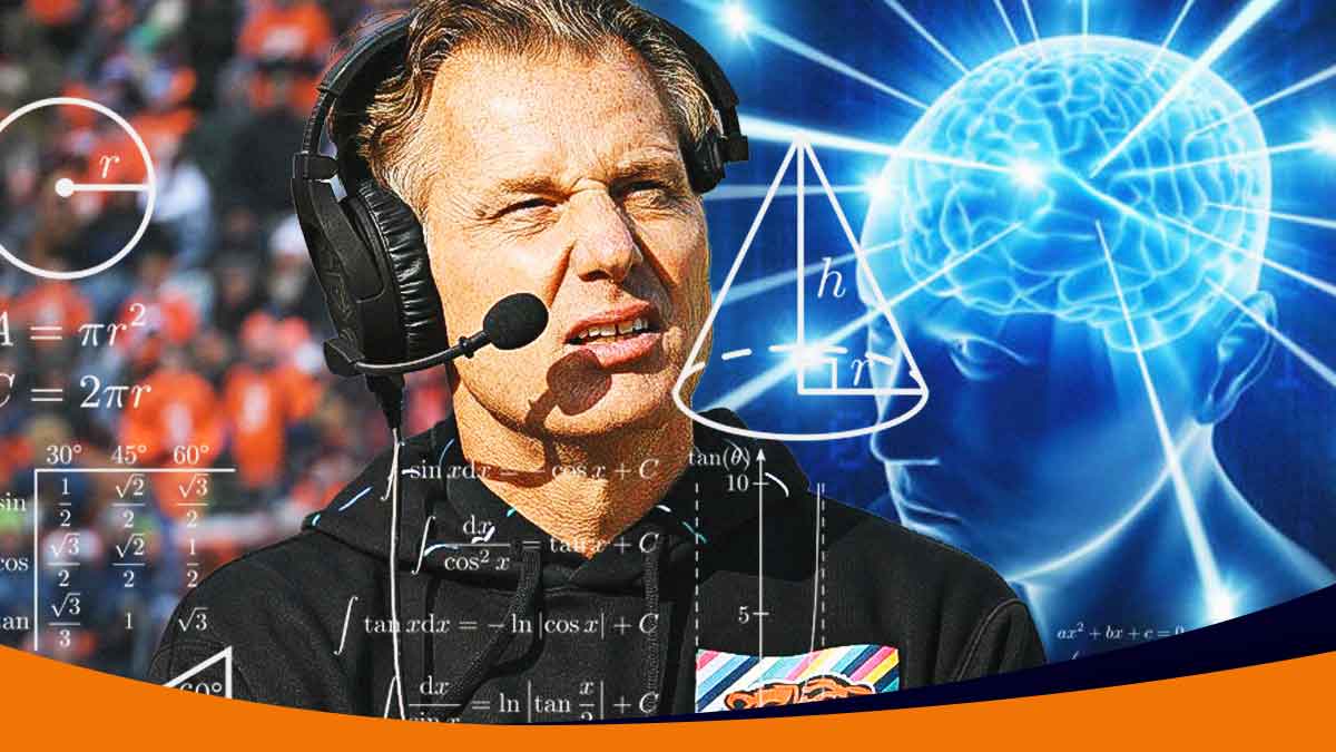 Bears' Matt Eberflus with the galaxy brain meme beside him and mathematical equations all over him like in the math lady meme