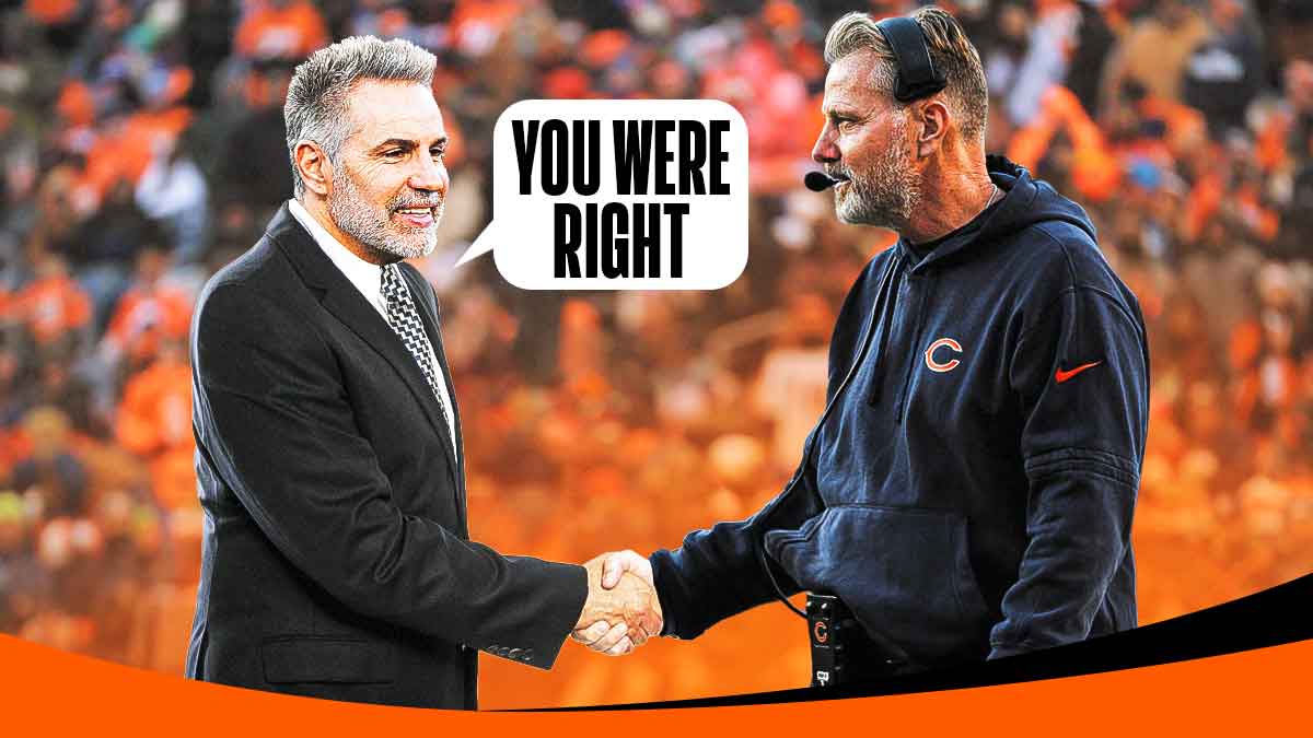 Former QB Kurt Warner in a suit jacket shaking the hand of Chicago Bears head coach Matt Eberflus with Warner having a speech bubble above his head saying, "You were right."
