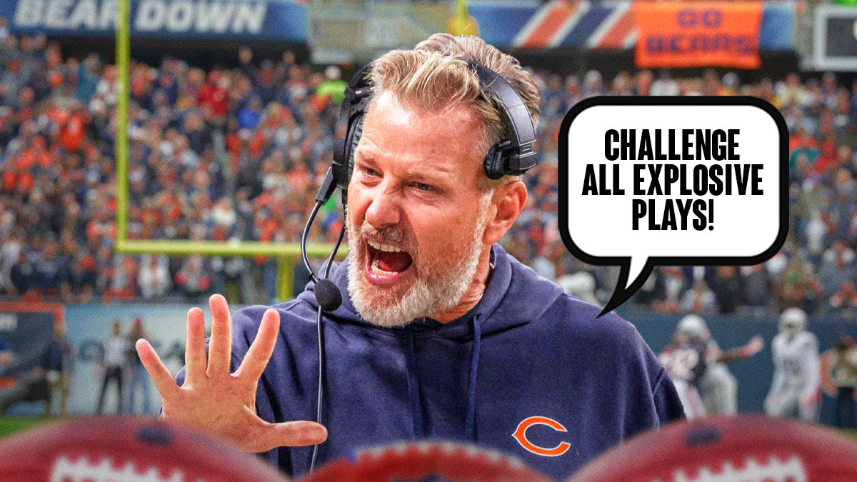 Chicago Bears head coach Matt Eberflus with a bubble saying, "Challenge all explosive plays!"