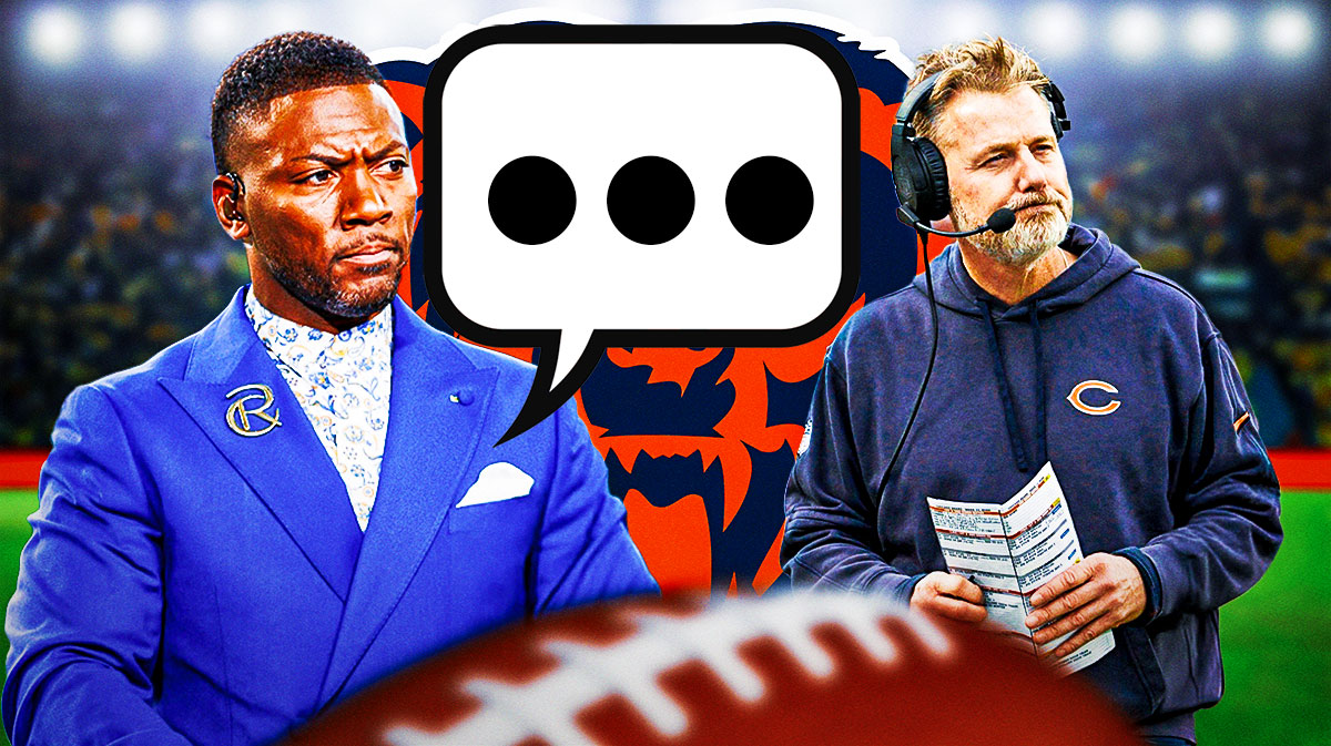 Former NFL player Ryan Clark with a speech bubble that has the three dots emoji inside. He is next to Chicago Bears head coach Matt Eberflus. There is also a logo for the Chicago Bears.