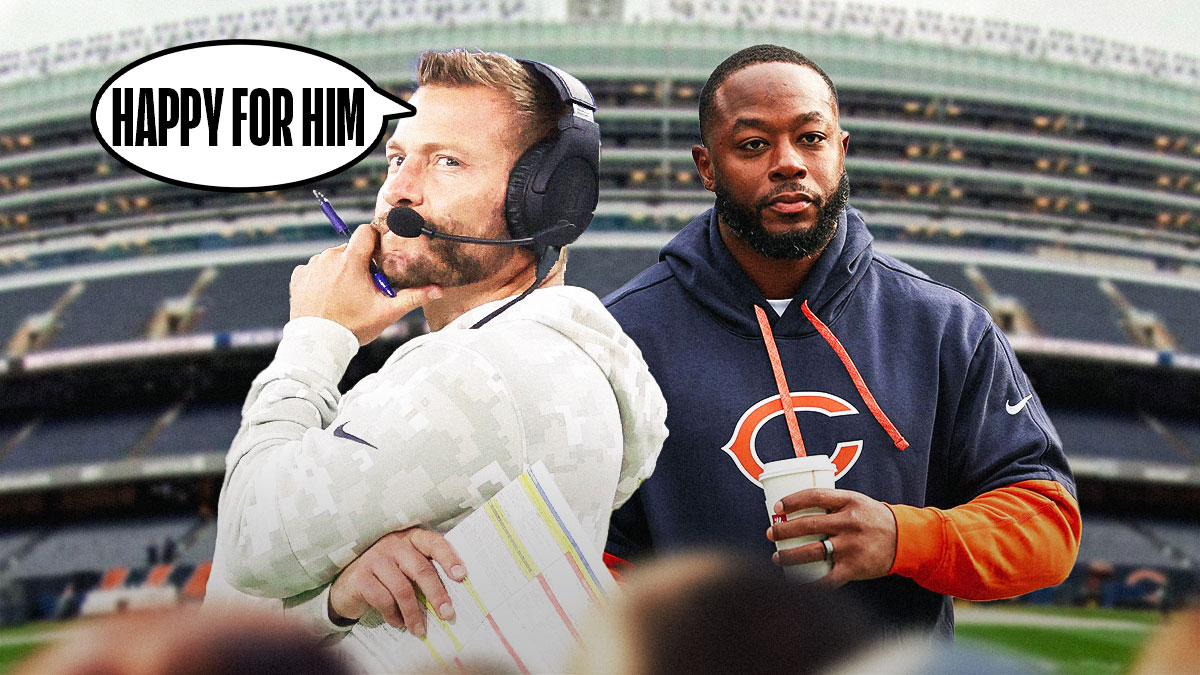 Sean McVay with a text bubble reading "Happy for him" next to Thomas Brown (Bears) in front of the Bears Stadium