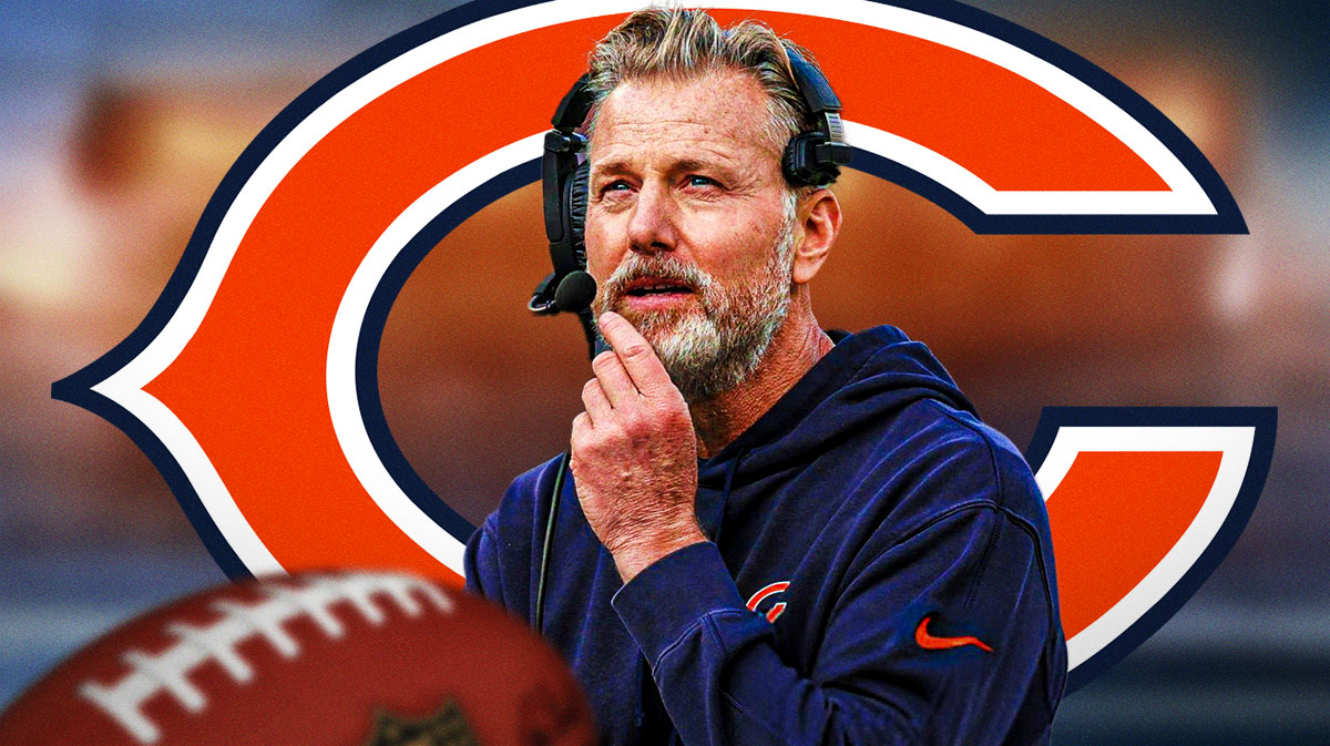 Matt Eberflus next to Bears logo