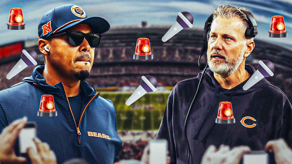 Chicago Bears head coach Matt Eberflus and general manager Ryan Poles with sirens and microphone emojis around them with a background of Soldier Field.