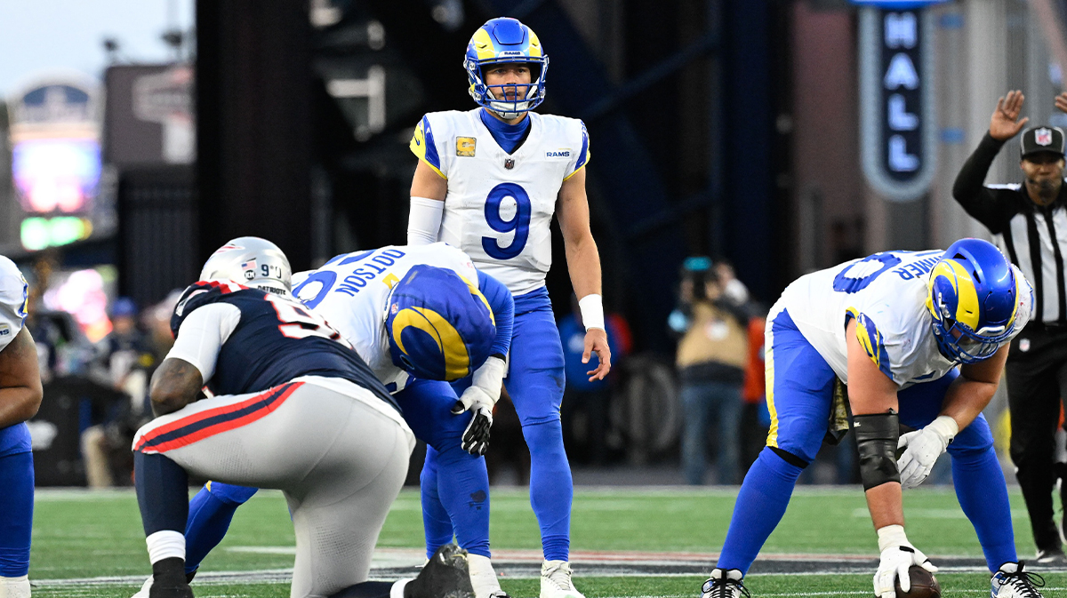 Los Angeles Rams quarterback Matthew Stafford (9) waits on the snap of the ball during the second half against the New England Patriots at Gillette Stadium.