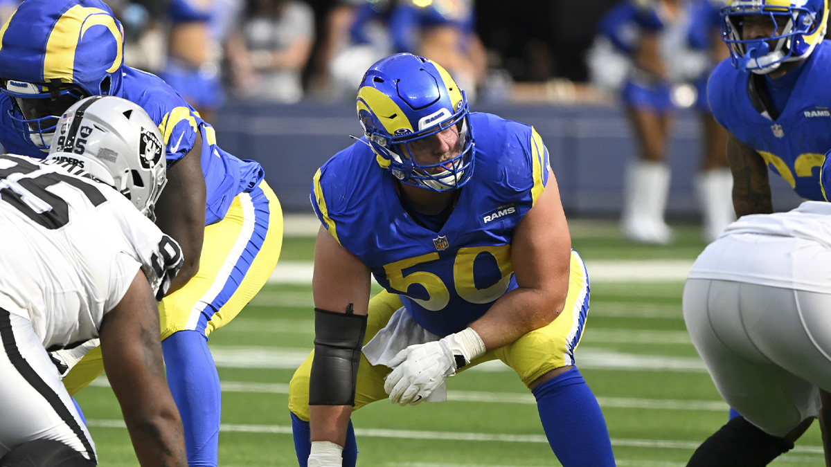 Los Angeles Rams center Beaux Limmer (50) during the third quarter against the Las Vegas Raiders at SoFi Stadium.