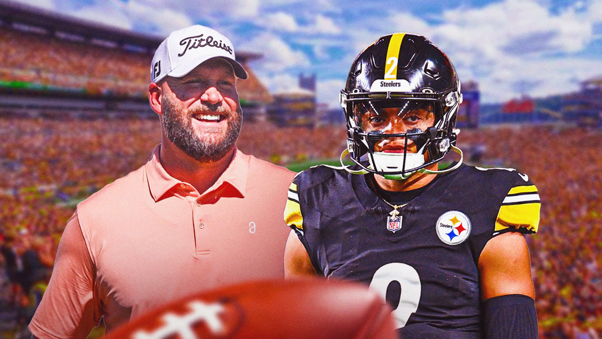 Ben Roethlisberger in street clothes next to Justin Fields in Steelers uniform