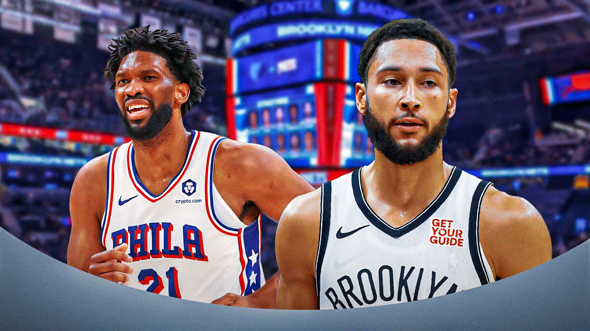 Ben Simmons in a Nets jersey and Joel Embiid in a Sixers jersey.