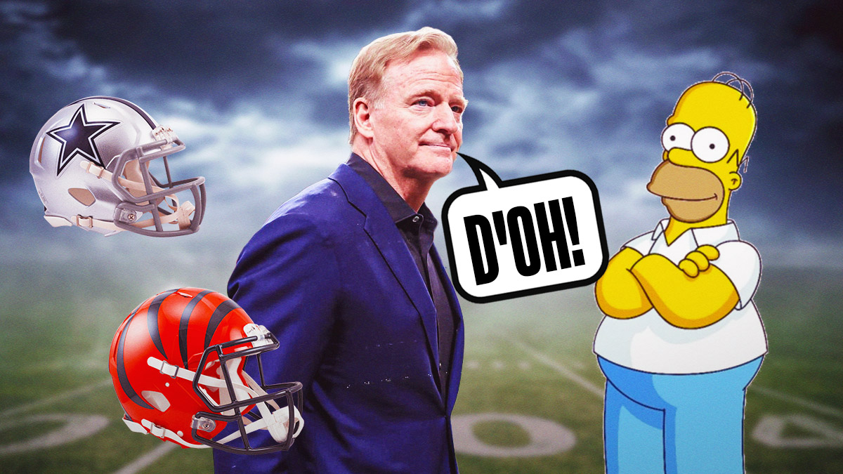 Bengals helmet, Cowboys helmet, and Roger Goodell with a speech bubble saying "D'oh!" next to a picture of the Simpsons