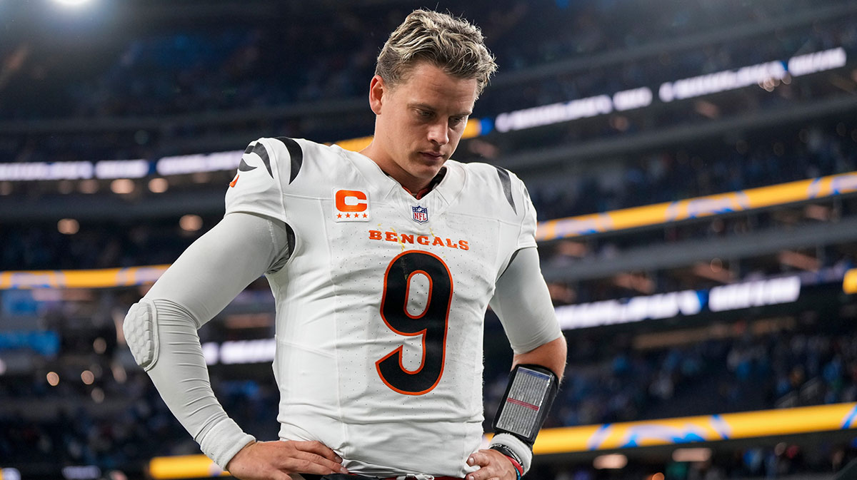 Cincinnati Bengals quarterback Joe Burrow (9) walks for the locker room after the fourth quarter of the NFL Week 11 game between the Los Angeles Chargers and the Cincinnati Bengals at SoFi Stadium in Inglewood, Calif., on Sunday, Nov. 17, 2024. The Chargers won 34-27.