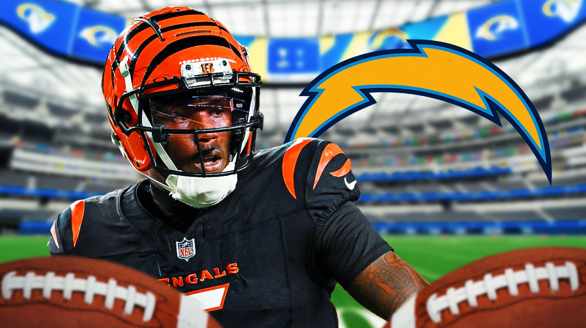 Bengals WR Tee Higgins, Chargers, SoFi Stadium in back