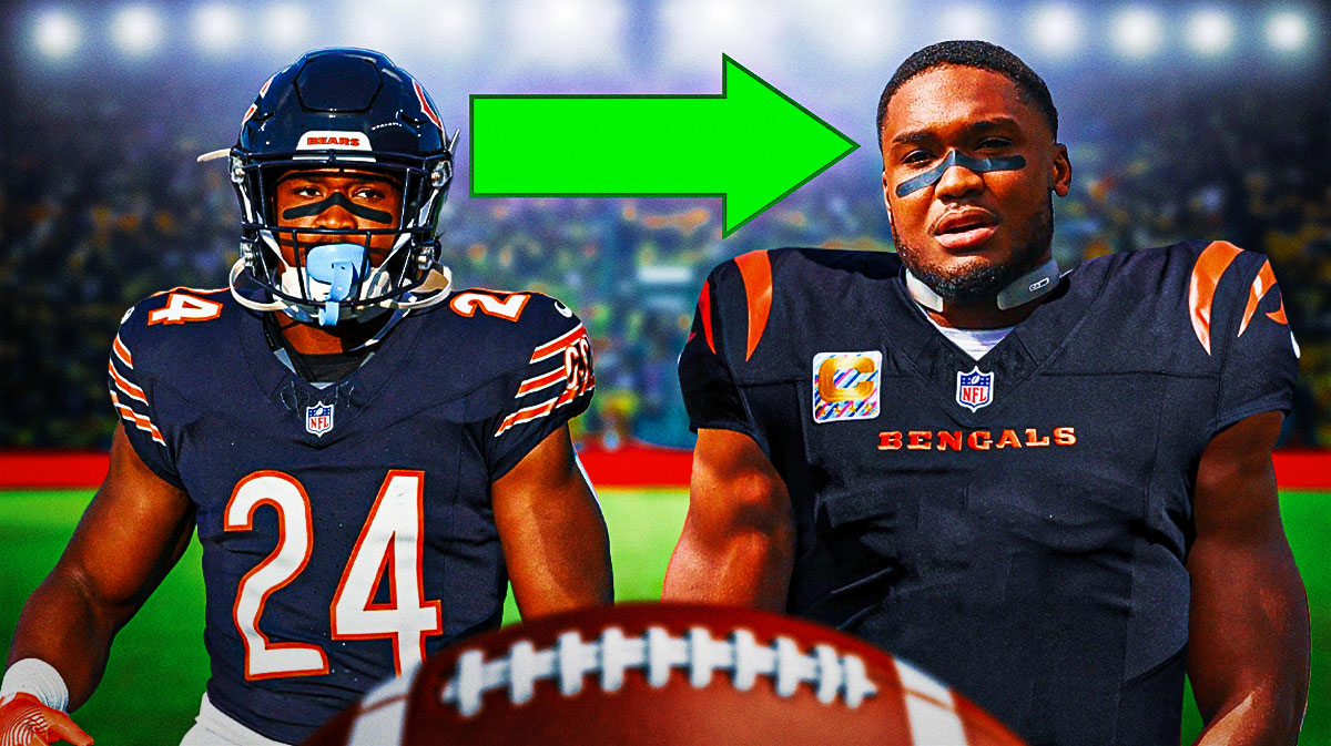 Khalil Herbert on one side in a Chicago Bears uniform with an arrow pointing to Khalil Herbert on the other side in a Cincinnati Bengals uniform