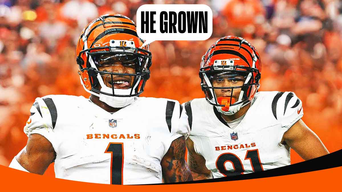 Bengals' Ja'Marr Chase with a talk bubble that says HE GROWN next to Jermaine Burton