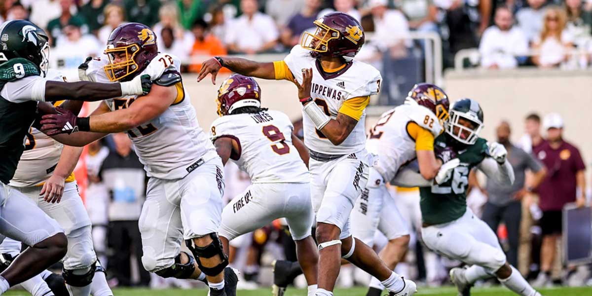 Central Michigan's Bert Emanuel, Jr. throws a pass against Michigan State during the first quarter on Friday, Sept. 1, 2023, at Spartan Stadium in East Lansing.