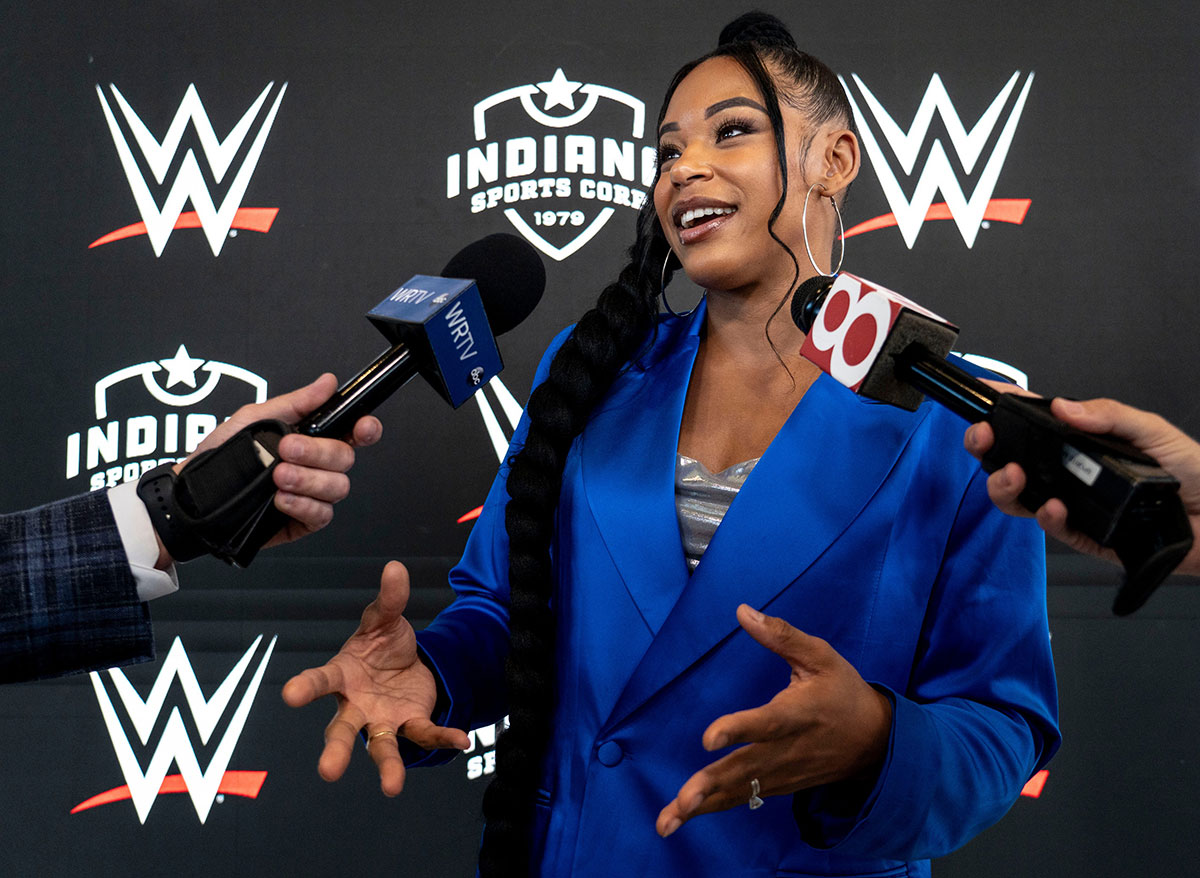 Bianca Belair at a press conference at the Indianapolis Sports Corp on June 24, 2024.
