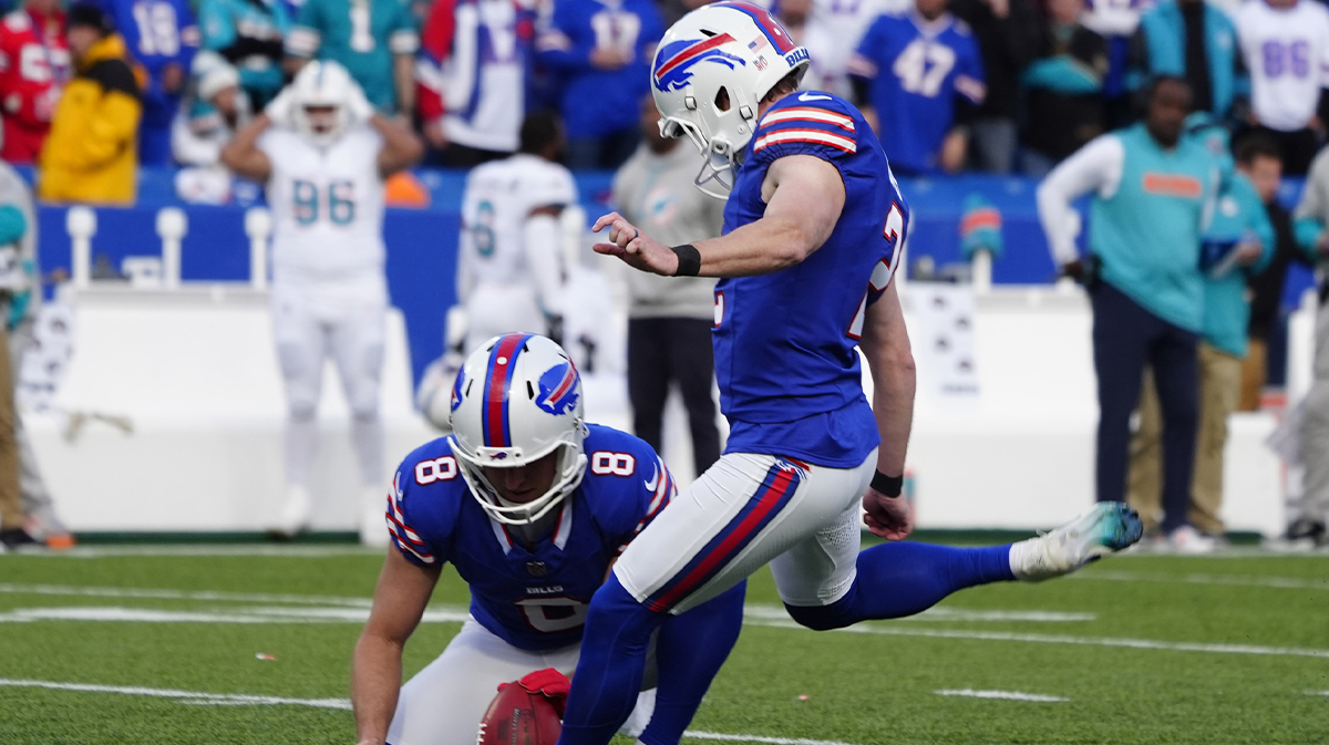 Buffalo Bills place kicker Tyler Bass (2) kicks an extra point against the Miami Dolphins during the second half at Highmark Stadium. 