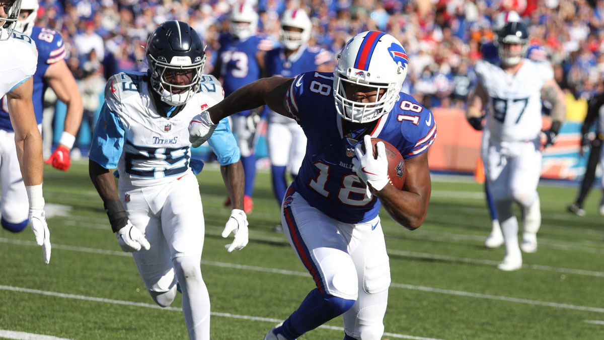 Buffalo Bills' Amari Cooper runs toward the end zone with the ball during the second half at Highmark Stadium in Orchard Park on Oct. 20, 2024. The midseason trade for the wide receiver has paid instant dividends for the Bills.