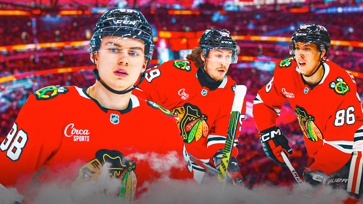 Blackhawks players Connor Bedard, Teuvo Terevainen, and Tyler Bertuzzi all in United Center