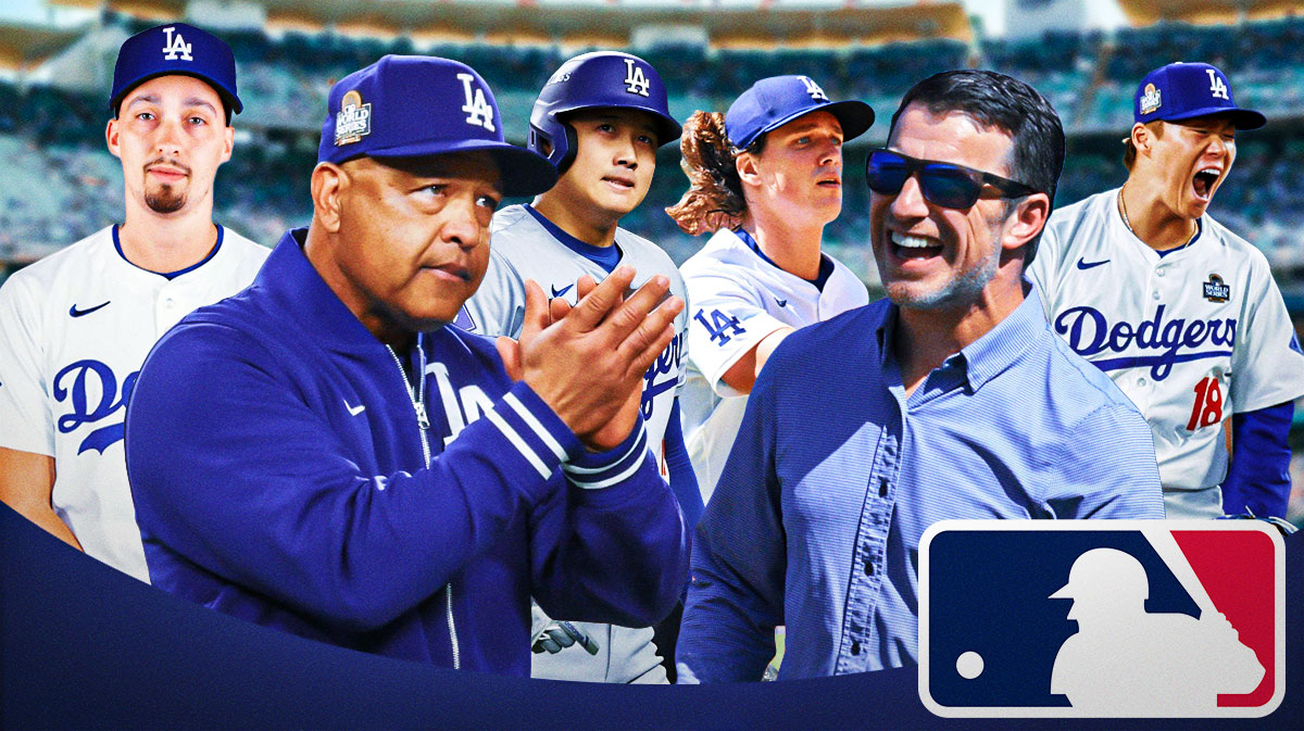 In front on left, Dodgers Dave Roberts, Dodgers Andrew Friedman. In background, need the following players in Dodgers 2024 jerseys: Blake Snell, Shohei Ohtani, Tyler Glasnow and Yoshinobu Yamamoto. In front on right, place the 2024 MLB logo.