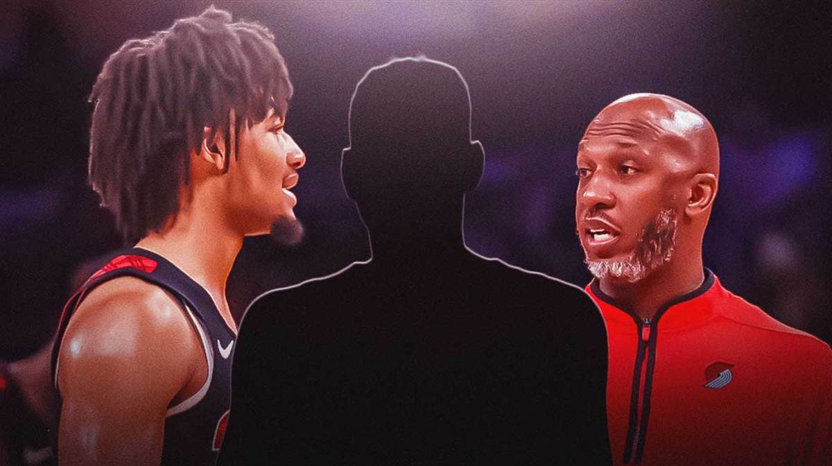 Chauncey Billups in Portland Trail Blazers coaching uniform, Shaedon Sharpe in Blazers jersey, Silhouette/shadow of basketball player next to Billups and Sharpe
