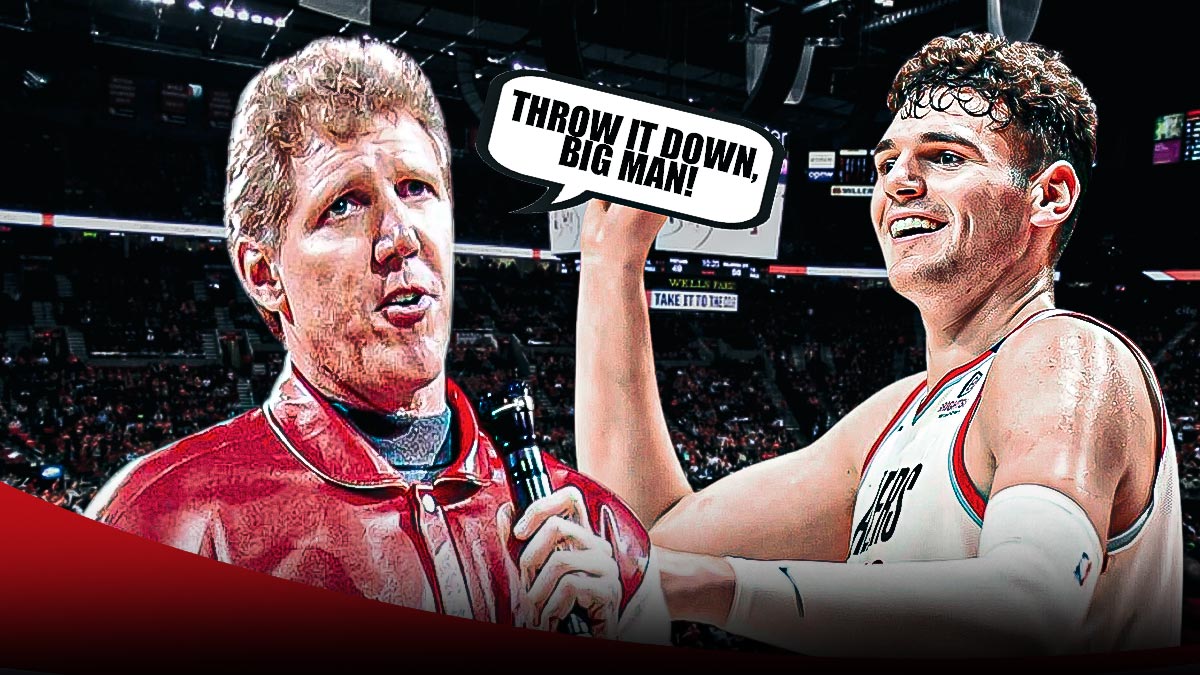 Bill Walton with a talk bubble THROW IT DOWN, BIG MAN! next to Blazers' Donovan Clingan