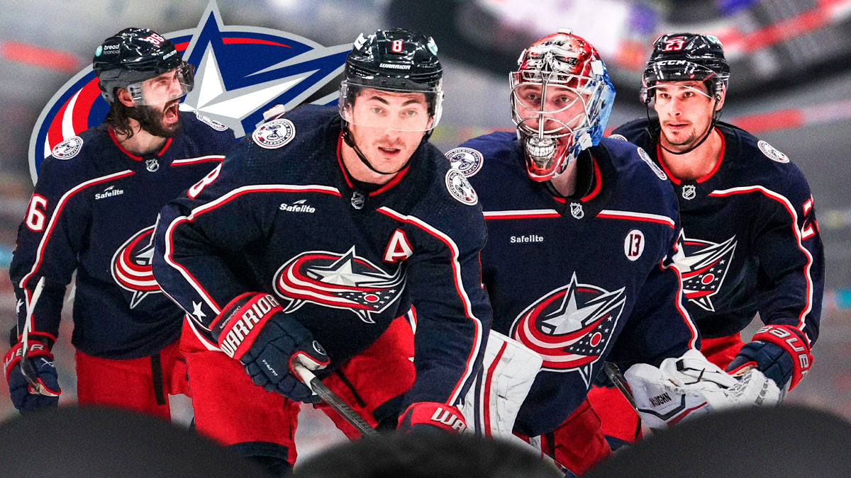 Zach Werenski, Daniil Tarasov, Kirill Marchenko and Sean Monahan all in action, Columbus Blue Jackets logo, hockey rink in background