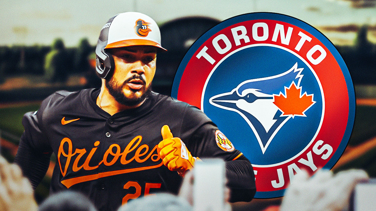 Anthony Santander (Orioles) with Blue Jays logo in background and eye emoji. At Rogers Centre (Toronto)