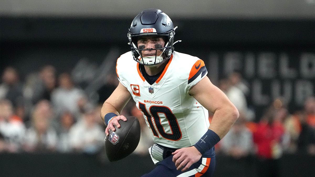 Denver Broncos quarterback Bo Nix (10) throws the ball against the Las Vegas Raiders in the first quarter at Allegiant Stadium.