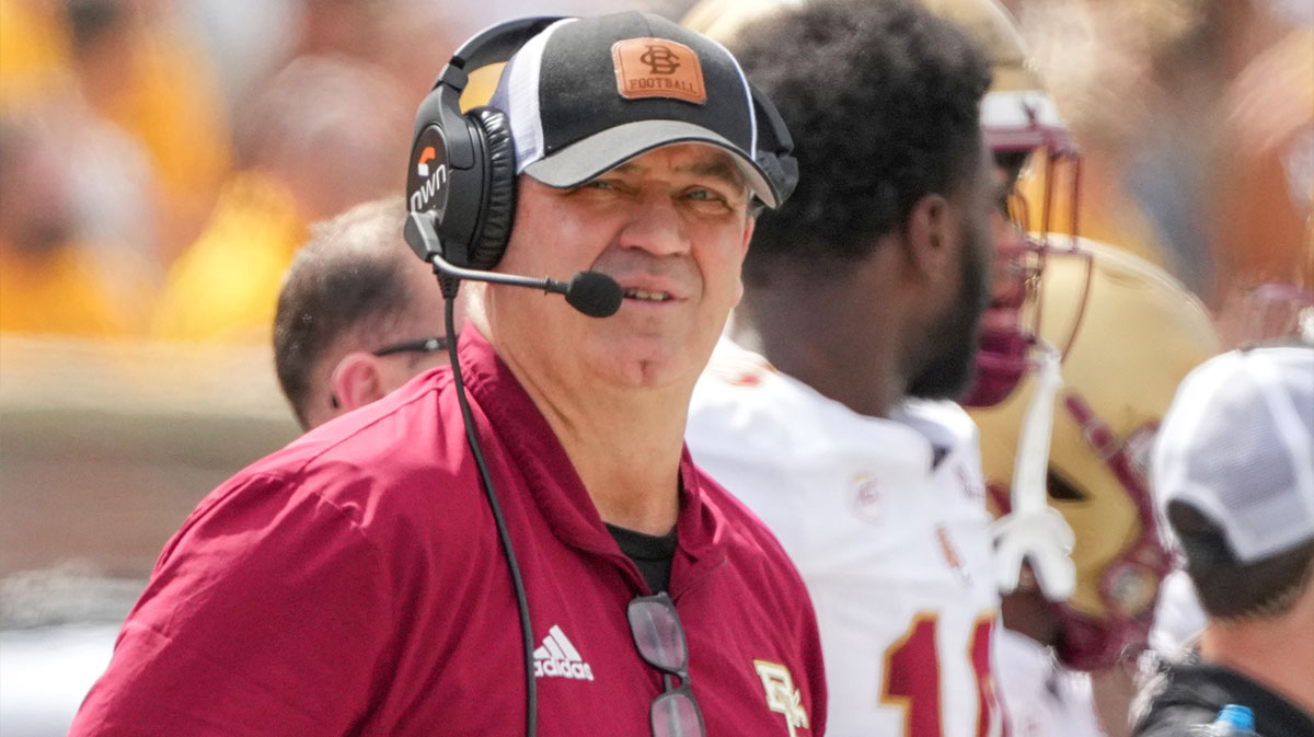 Boston College Eagles head coach Bill O'Brien watches the replay board against the Missouri Tigers during the first half at Faurot Field at Memorial Stadium.