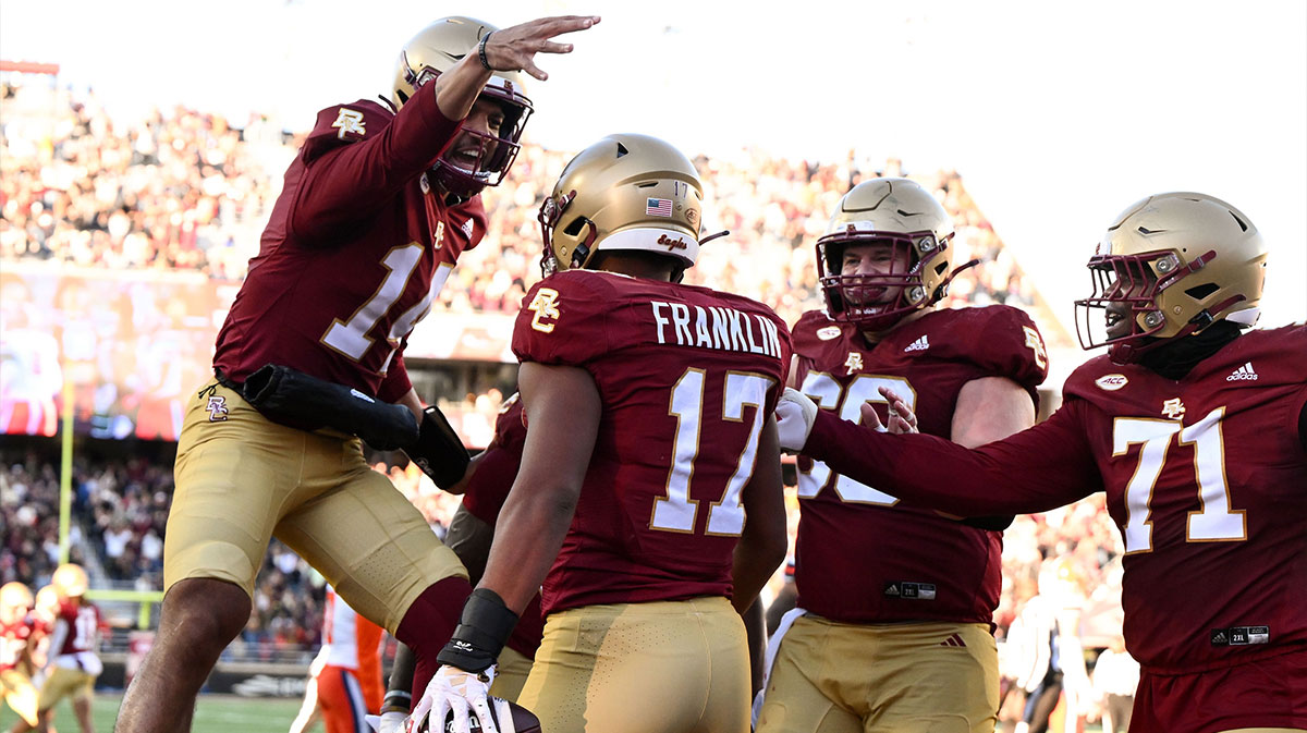 Boston College Eagles quarterback Grayson James (14) celebrates with tight end Jeremiah Franklin (17) after a touchdown against the Syracuse Orange during the second half at Alumni Stadium.