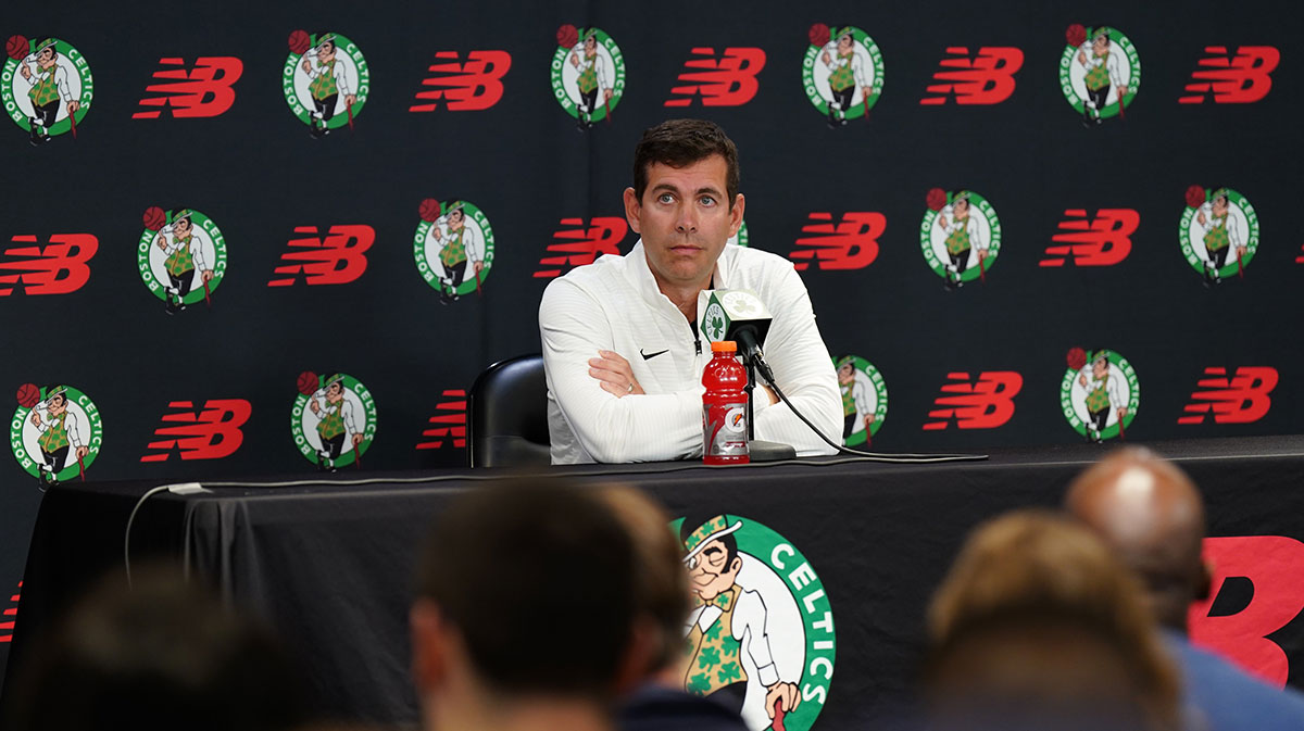 Boston Celtics General Manager Brad Stevens talks with journalists during the day of Media in the center of Auerbach.