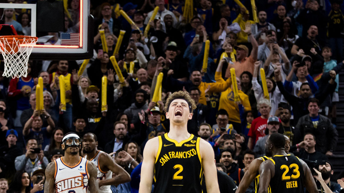 Golden State Warriors guard Brandin Podziemski (2) reacts after his team defeated the Phoenix Suns at Chase Center.