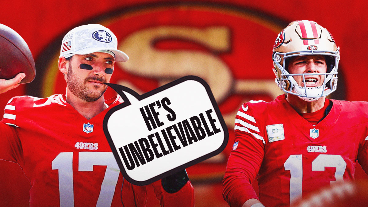 Brandon Allen with a text bubble reading "He’s unbelievable" next to Brock Purdy in front of a 49ers motif