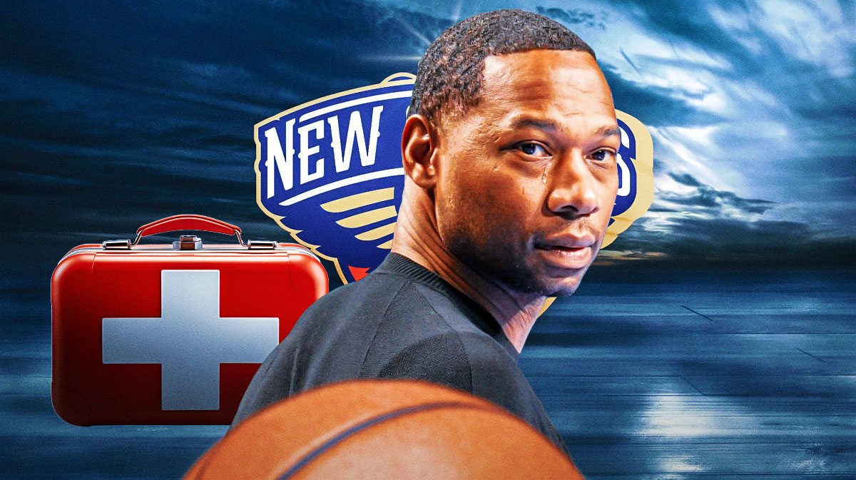 The New Orleans Pelicans logo with a first-aid kit next to it, and head coach Willie Green with a tear emoji going down his face.