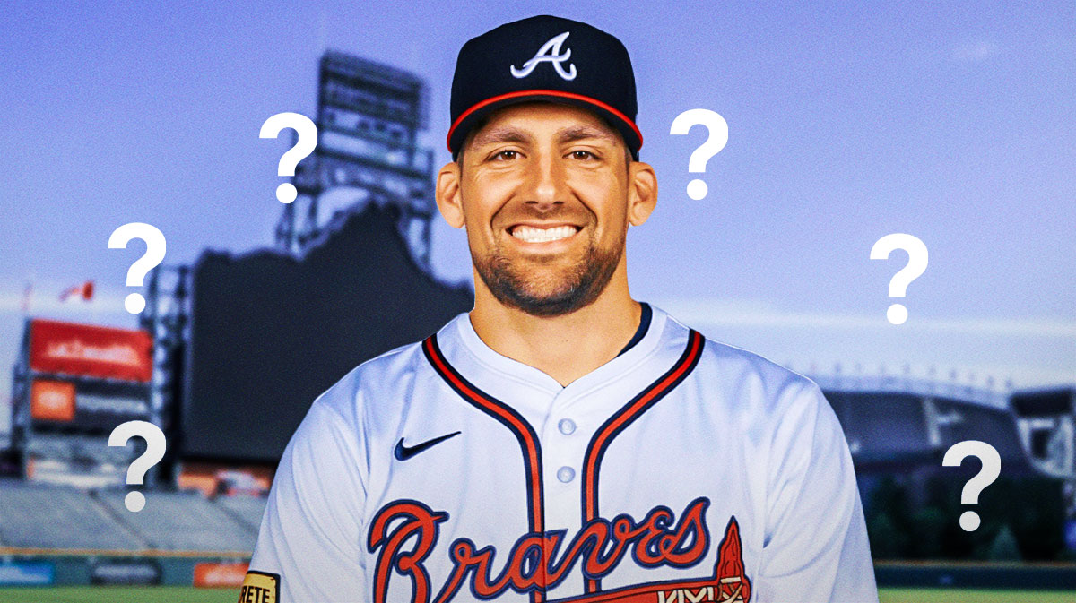 Nathan Eovaldi in an Atlanta Braves 2024 jersey. Place question marks everywhere.