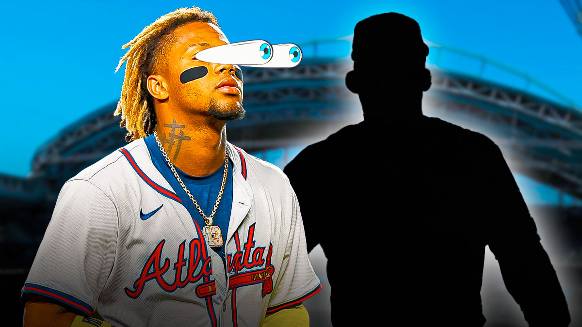 Braves' Ronald Acuna Jr.'s eyes popping towards silhouette of Nathan Eovaldi in a Braves uniform