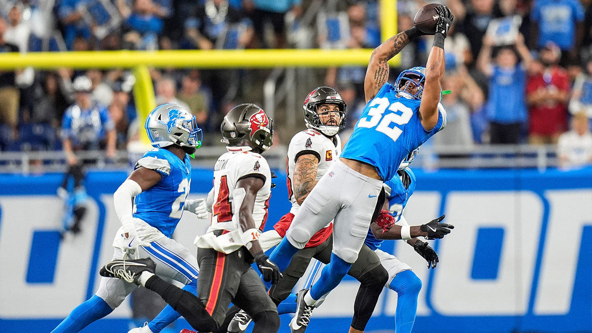 Detroit Lions safety Brian Branch intercepts a pass against the Tampa Bay Buccaneers during the first half