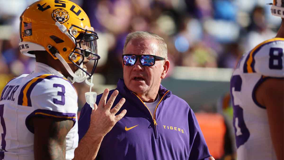 LSU Tigers head coach Brian Kelly gestures prior to the game against the Florida Gators at Ben Hill Griffin Stadium.