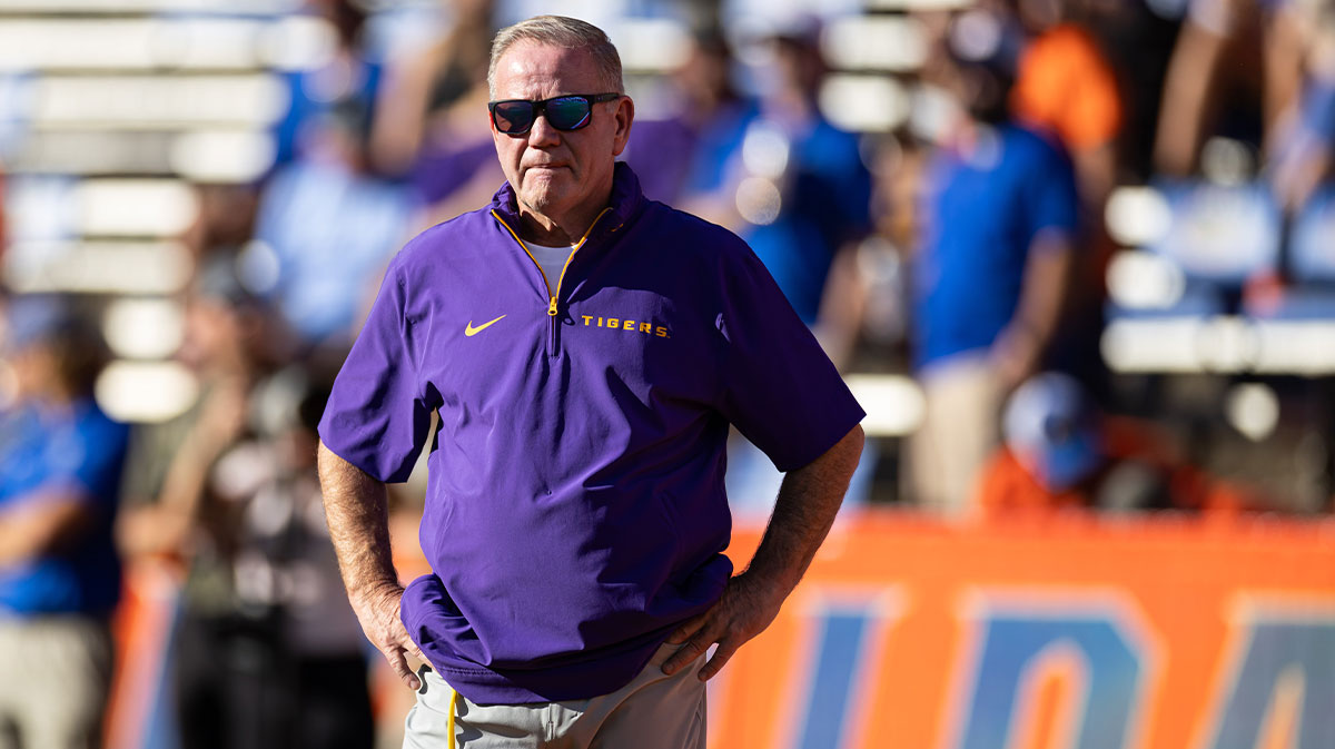 LSU Tigers head football coach Brian Kelly looks on before a game against the Florida Gators at Ben Hill Griffin Stadium.